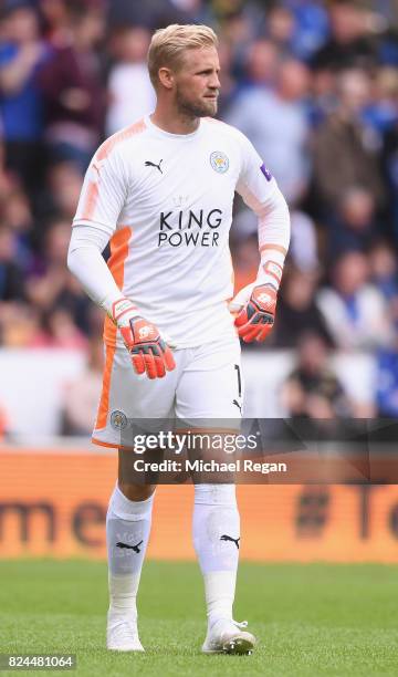 Kasper Schmeichel of Leicester in action during the pre-season friendly match between Wolverhampton Wanderers and Leicester City at Molineux on July...