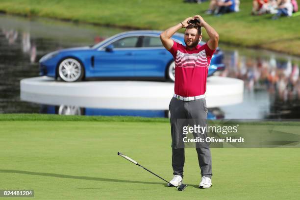 Jordan Smith of England celebrate after his put during the Green Eagle Golf Course on July 30, 2017 in Hamburg, Germany.