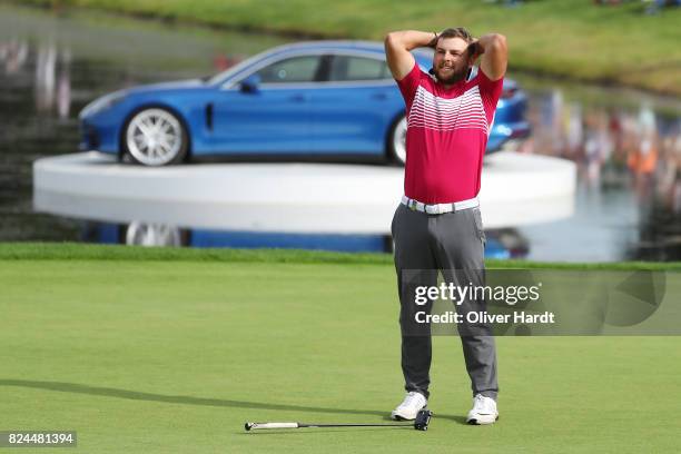 Jordan Smith of England celebrate after his put during the Green Eagle Golf Course on July 30, 2017 in Hamburg, Germany.