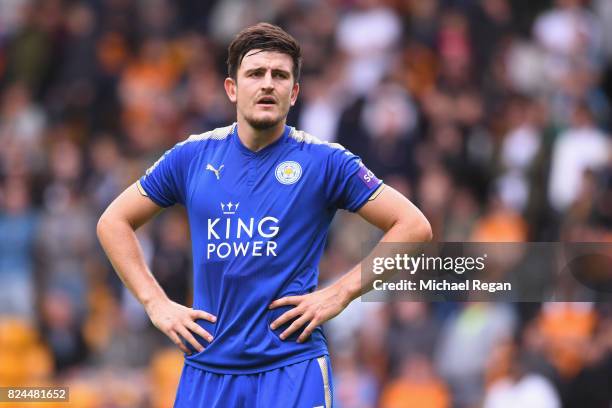 Harry Maguire of Leicester in action during the pre-season friendly match between Wolverhampton Wanderers and Leicester City at Molineux on July 29,...