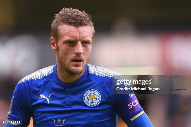 Jamie Vardy of Leicester in action during the pre-season friendly match between Wolverhampton Wanderers and Leicester City at Molineux on July 29,...