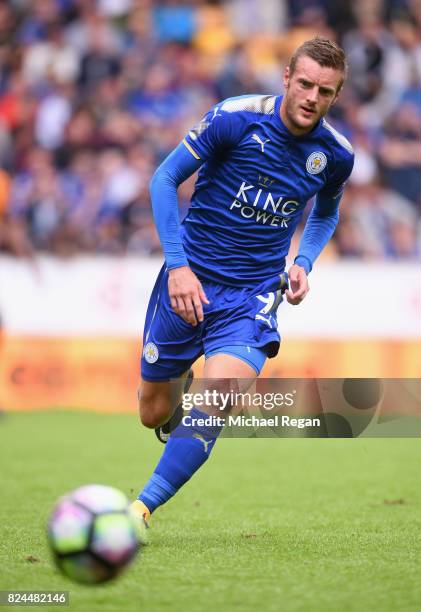 Jamie Vardy of Leicester in action during the pre-season friendly match between Wolverhampton Wanderers and Leicester City at Molineux on July 29,...