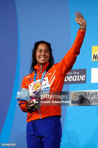 Ranomi Kromowidjojo of the Netherlands celebrates her Silver Medal in the Women's 50m Freestyle Final on day seventeen of the Budapest 2017 FINA...