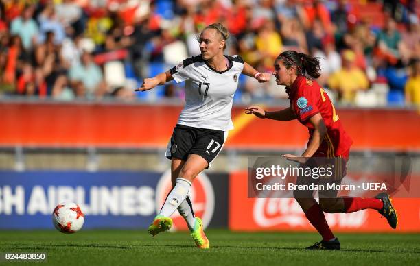 Sarah Puntigam of Austria and Mariona Caldentey of Spain during the UEFA Women's EURO 2017 Quarter-final match between the Austria and Spain at...