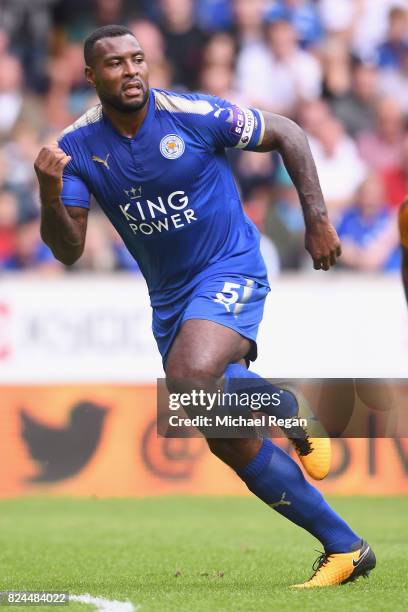 Wes Morgan of Leicester in action during the pre-season friendly match between Wolverhampton Wanderers and Leicester City at Molineux on July 29,...