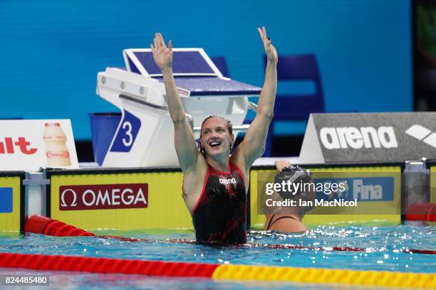 Katinka Hosszu of Hungary celebrates after she wins the Women's 400m IM final during day seventeen of the FINA World Championships at the Duna Arena...