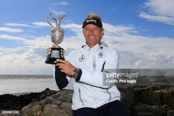Bernhard Langer of Germany poses with the Senior Claret Jug after the final round of the Senior Open Championship at Royal Porthcawl Golf Club on...