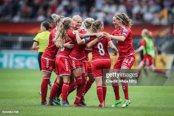 Team of Denmark celebrates after the UEFA Women's Euro 2017 Quarter Final match between Germany and Denmark at Sparta Stadion on July 30, 2017 in...