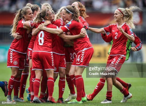 Team of Denmark celebrates after the UEFA Women's Euro 2017 Quarter Final match between Germany and Denmark at Sparta Stadion on July 30, 2017 in...