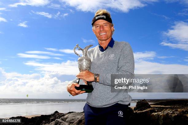 Bernhard Langer of Germany poses with the Senior Claret Jug after the final round of the Senior Open Championship at Royal Porthcawl Golf Club on...