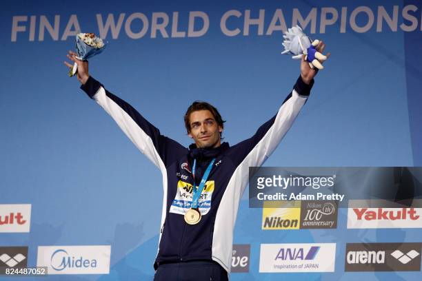Camille Lacourt of France celebrates his gold medal in the Men's 50m Backstroke Final on day seventeen of the Budapest 2017 FINA World Championships...