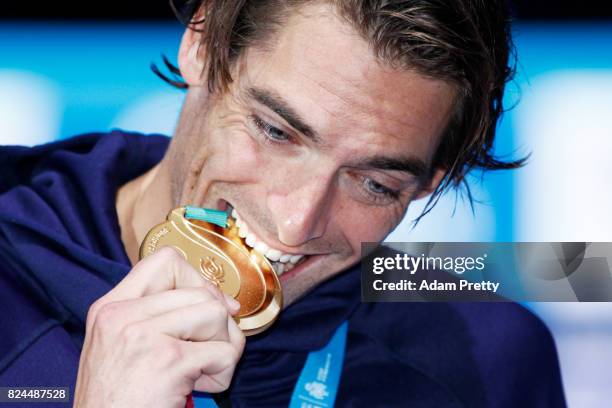 Camille Lacourt of France celebrates his gold medal in the Men's 50m Backstroke Final on day seventeen of the Budapest 2017 FINA World Championships...