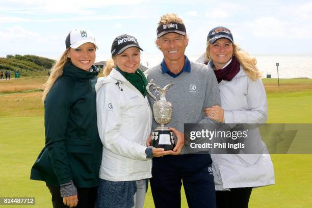 To R Jackie Langer, Vikki Langer, Bernhard Langer, Christina Langer pose with the Senior Claret Jug after the final round of the Senior Open...