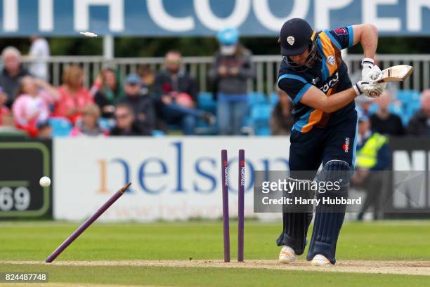 Gary Wilson of Derbyshire Falcons is bowled by Dieter Klein of Leicestershire Foxes during the Natwest T20 Blast match between Derbyshire Falcons and...