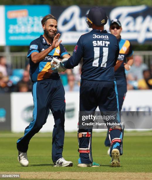 Imran Tahir of Derbyshire Falcons celebrates the wicket of Aadil Ali of Leicestershire Foxes during the Natwest T20 Blast match between Derbyshire...