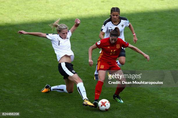 Carina Wenninger of Austria and Laura Feiersinger of Austria attempt to tackle Vicky Losada of Spain during the UEFA Women's Euro 2017 Quarter Final...