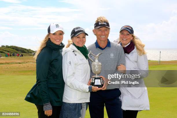 To R Jackie Langer, Vikki Langer, Bernhard Langer, Christina Langer pose with the Senior Claret Jug after the final round of the Senior Open...