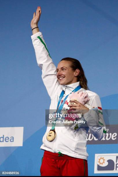 Katinka Hosszu of Hungary celebrates winning her gold medal in the Women's 400m Individual Medley on day seventeen of the Budapest 2017 FINA World...