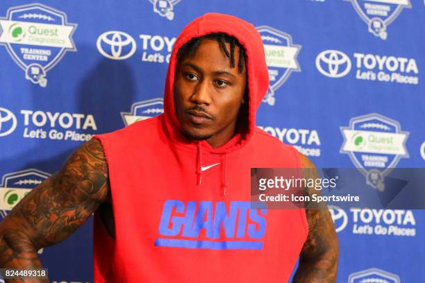New York Giants wide receiver Brandon Marshall talks to the media after 2017 New York Giants training camp on July 29 at Quest Diagnostics Center in...