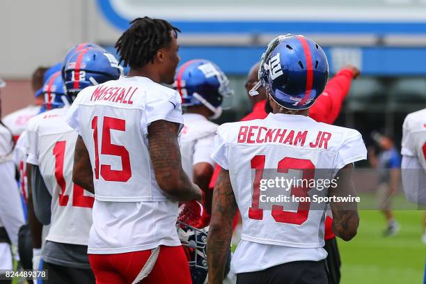 New York Giants wide receiver Odell Beckham and teammate New York Giants wide receiver Brandon Marshall during 2017 New York Giants training camp on...