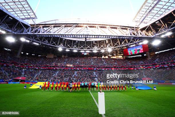 The teams line up for the national anthems before the FIFA Confederations Cup Russia 2017 Final match between Chile and Germany at Saint Petersburg...