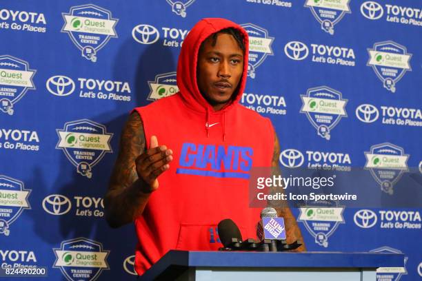 New York Giants wide receiver Brandon Marshall talks to the media after 2017 New York Giants training camp on July 29 at Quest Diagnostics Center in...