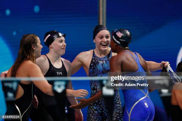 The United States celebrate victory in the Women's 4x100m Medley Relay Final on day seventeen of the Budapest 2017 FINA World Championships on July...