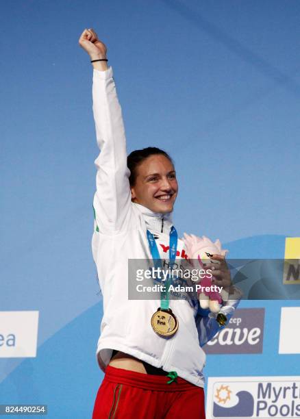 Katinka Hosszu of Hungary celebrates winning her gold medal in the Women's 400m Individual Medley on day seventeen of the Budapest 2017 FINA World...