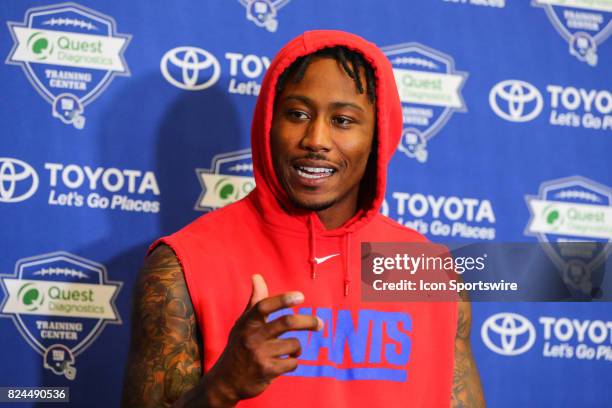 New York Giants wide receiver Brandon Marshall talks to the media after 2017 New York Giants training camp on July 29 at Quest Diagnostics Center in...