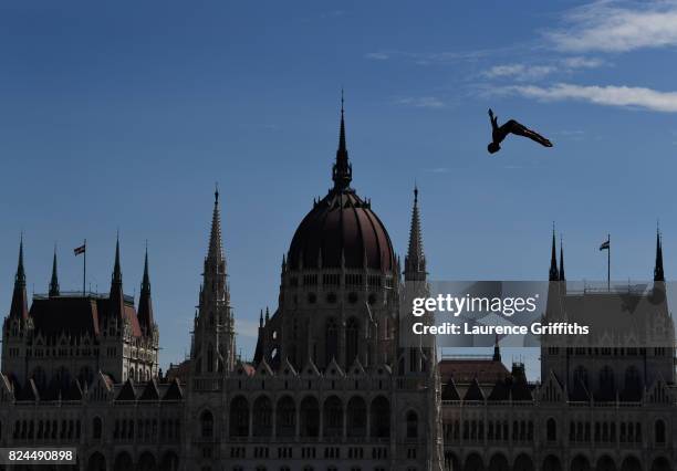 Andy Jones of USA in action during the Men's High dive on day seventeen of the Budapest 2017 FINA World Championships on on July 30, 2017 in...