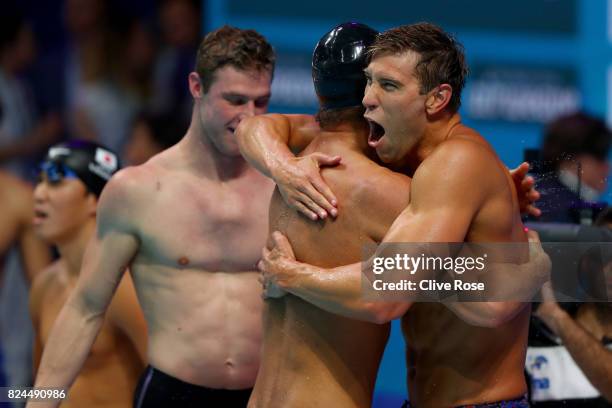 The United States celebrate victory in the Men's 4x100m Medley Relay Final on day seventeen of the Budapest 2017 FINA World Championships on July 30,...