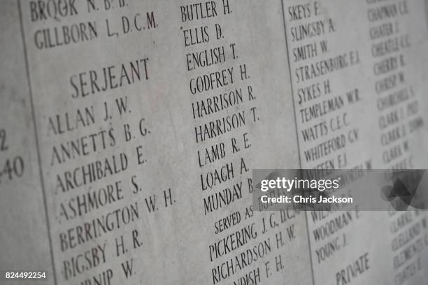 General view of the names of 50,000 lost soldiers which are engraved inside the Menin Gate at the Commonwealth War Graves Commission Ypres Memorial...