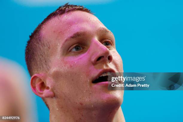 Caeleb Remel Dressel of The United States looks on following victory in the Men's 4x100m Medley Relay Final on day seventeen of the Budapest 2017...