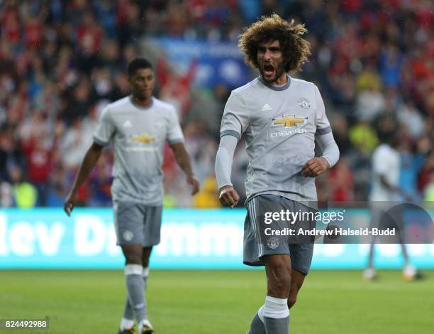 Marouane Fellani of Manchester United celebrates scoring the first goal v Valerenga today at Ullevaal Stadion on July 30, 2017 in Oslo, Norway.