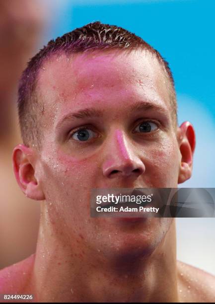 Caeleb Remel Dressel of The United States looks on following victory in the Men's 4x100m Medley Relay Final on day seventeen of the Budapest 2017...