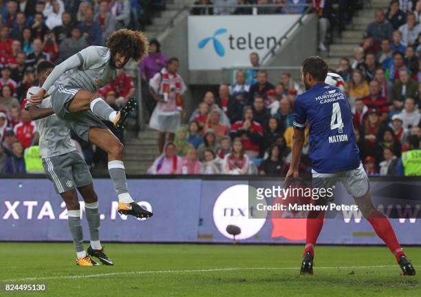 Marouane Fellaini of Manchester United scores the first goal during the pre-season friendly match between Valerenga and Manchester United at Ullevaal...