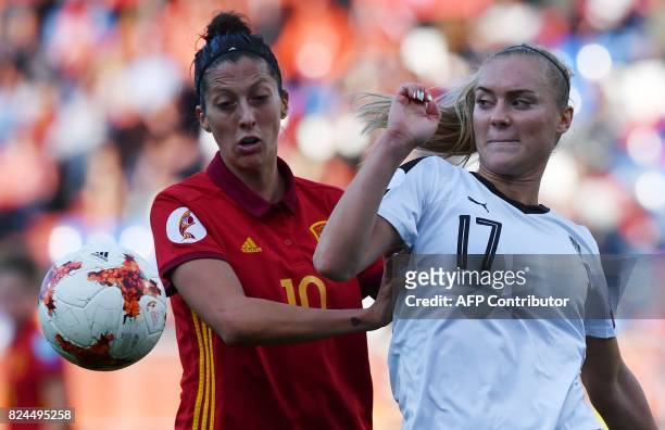 Sarah Puntigam of Austria vies with Jennifer Hermoso of Spain during the UEFA Women's Euro 2017 quarter-final football match between Austria and...