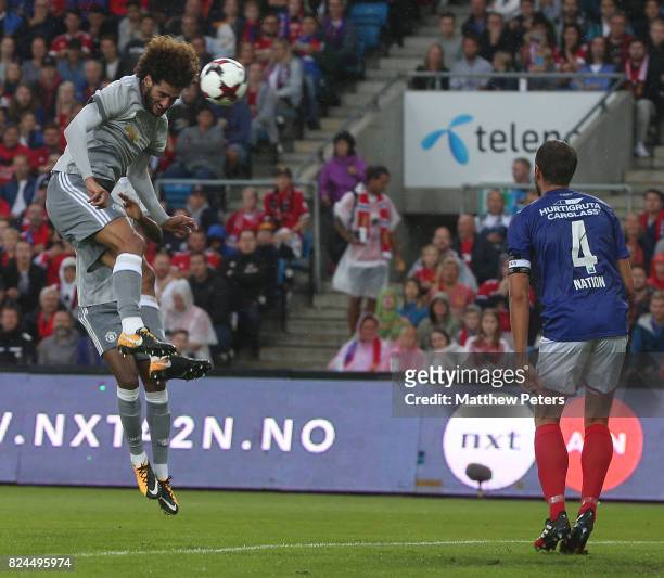 Marouane Fellaini of Manchester United scores the first goal during the pre-season friendly match between Valerenga and Manchester United at Ullevaal...