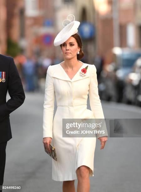 Britain's Catherine, Duchess of Cambridge, arrive to attend a ceremony marking the centenary of the battle of Passchendaele, one of the bloodiest of...