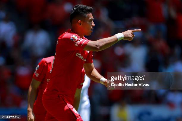 Fernando Uribe of Toluca celebrates after scoring the first goal of his team during the 2nd round match between Toluca and Leon as part of the Torneo...