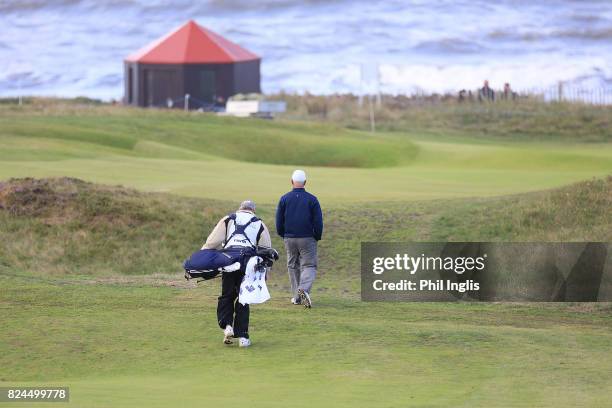 Corey Pavin of the United States in action during the final round of the Senior Open Championship at Royal Porthcawl Golf Club on July 30, 2017 in...