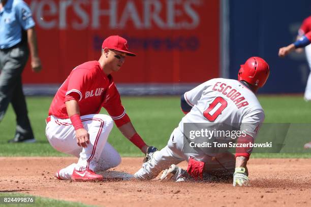 Yunel Escobar of the Los Angeles Angels of Anaheim slides safely into second base with an RBI double in the third inning during MLB game action as...