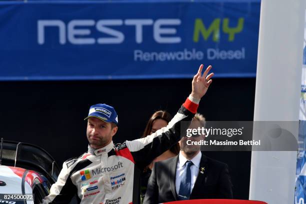 Juho Hanninen of Finland celebrate his third position in the final overall during Day Three of the WRC Finland on July 30, 2017 in Jyvaskyla, Finland.