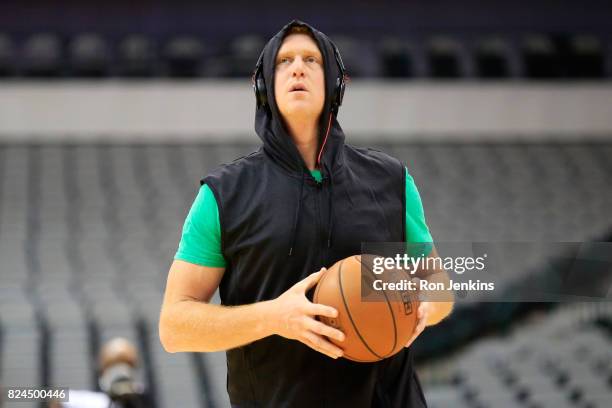 Brian Scalabrine of the Ball Hogs warms up before week six of the BIG3 three on three basketball league at American Airlines Center on July 30, 2017...