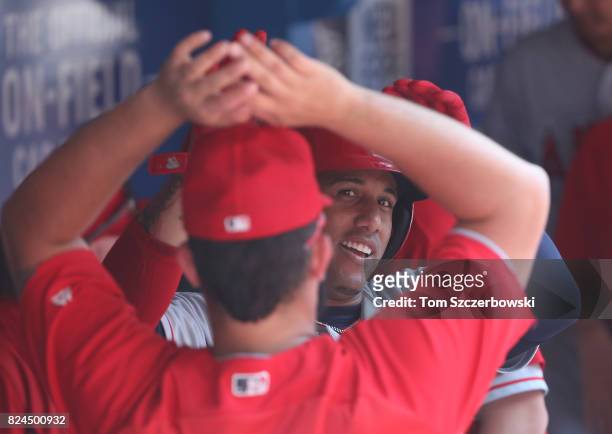 Yunel Escobar of the Los Angeles Angels of Anaheim is congratulated by teammates in the dugout after scoring a run in the third inning during MLB...