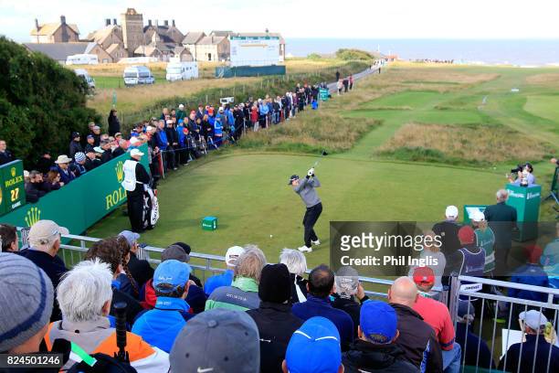 Steve Flesch of the United States in action during the final round of the Senior Open Championship at Royal Porthcawl Golf Club on July 30, 2017 in...