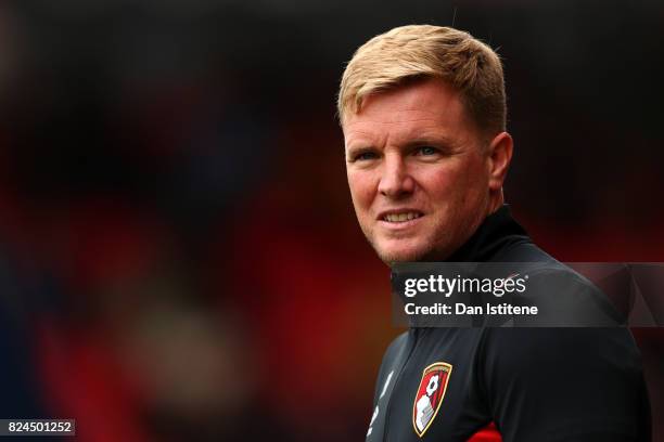 Eddie Howe, manager of AFC Bournemouth looks on from the touchline during the pre-season friendly match between AFC Bournemouth and Valencia CF at...