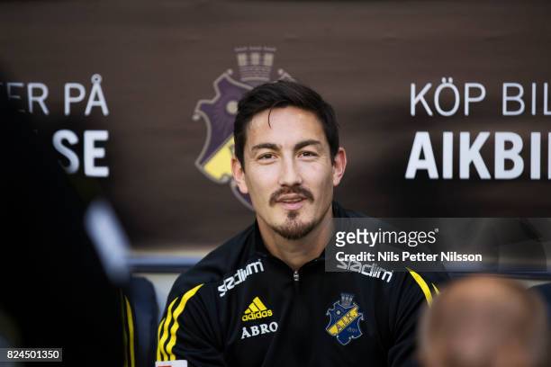 Stefan Ishizaki of AIK on the bench during the Allsvenskan match between AIK and Kalmar FF at Friends arena on July 30, 2017 in Solna, Sweden.