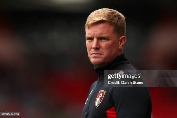 Eddie Howe, manager of AFC Bournemouth looks on from the touchline during the pre-season friendly match between AFC Bournemouth and Valencia CF at...