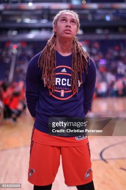 Brittney Griner of the Phoenix Mercury stands on the court before the start of the WNBA game against the San Antonio Stars at Talking Stick Resort...